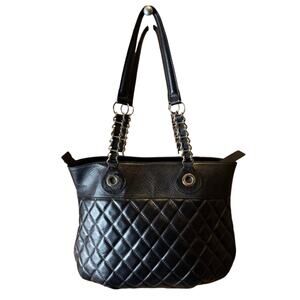 CLAUDIA FIRENZE Black Diamond Leather Cowhide Dual Handle Italy Zip Closure EUC